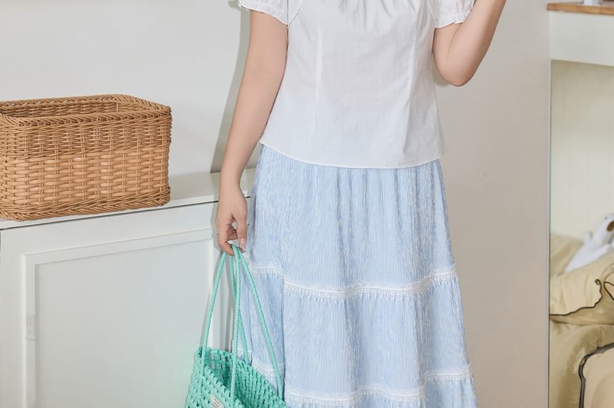 Plus Size Short-Sleeve Square Neck Plain Lace Trim Top