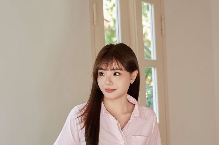 Plus Size Short-Sleeve Collared Lace Trim Button Up Shirt