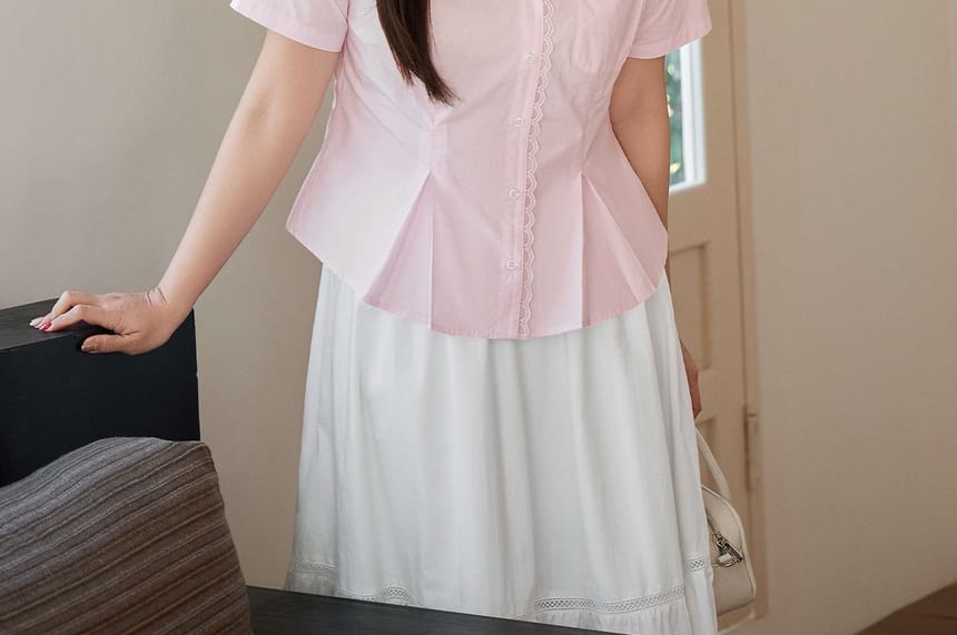 Plus Size Short-Sleeve Collared Lace Trim Button Up Shirt