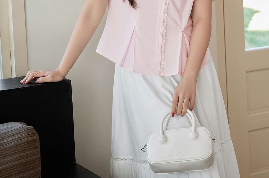 Plus Size Short-Sleeve Collared Lace Trim Button Up Shirt