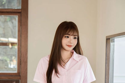 Plus Size Short-Sleeve Collared Lace Trim Button Up Shirt