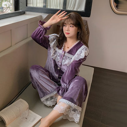 [XL-4XL] Pajama Set: Long-Sleeve Velvet Lace Trim Top + Pants