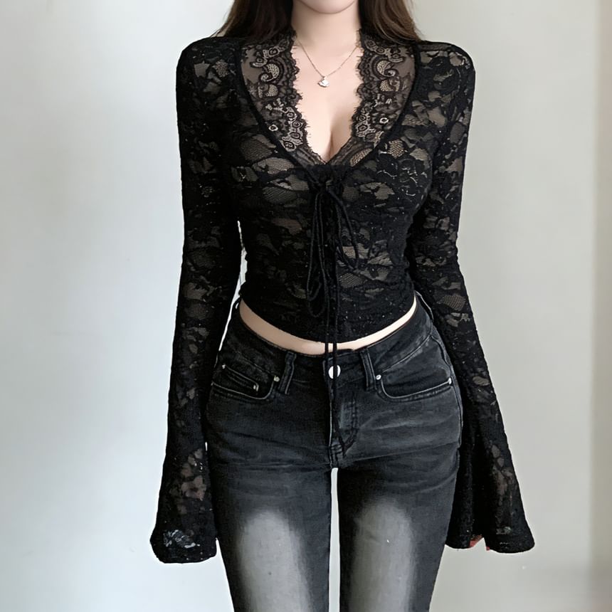 V-Neck Lace Crop Top with Long Sleeves