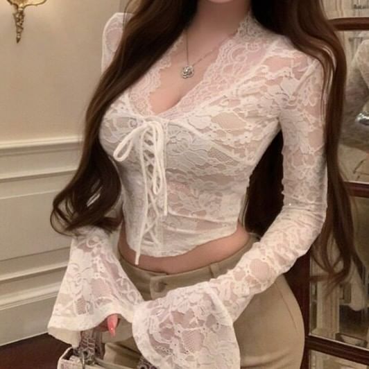V-Neck Lace Crop Top with Long Sleeves