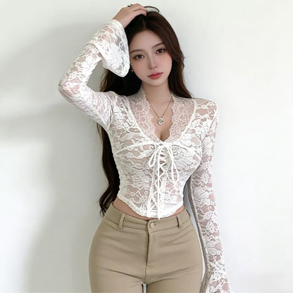 V-Neck Lace Crop Top with Long Sleeves