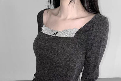 Mock Two-Piece Long-Sleeve Square Neck Lace Trim Crop Top