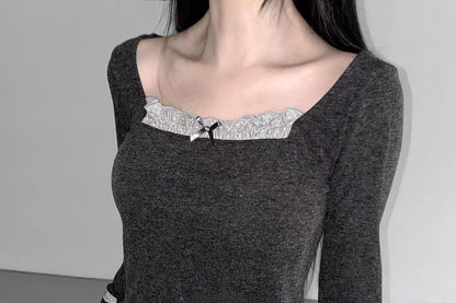 Mock Two-Piece Long-Sleeve Square Neck Lace Trim Crop Top