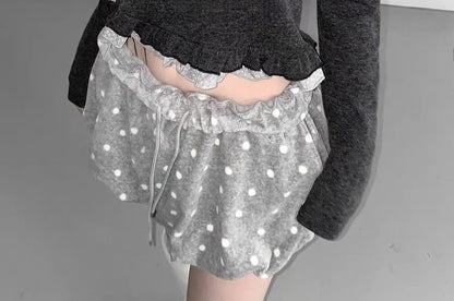 Mock Two-Piece Long-Sleeve Square Neck Lace Trim Crop Top