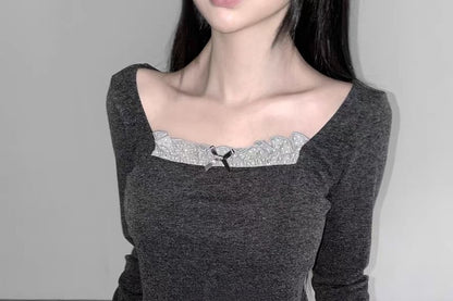 Mock Two-Piece Long-Sleeve Square Neck Lace Trim Crop Top