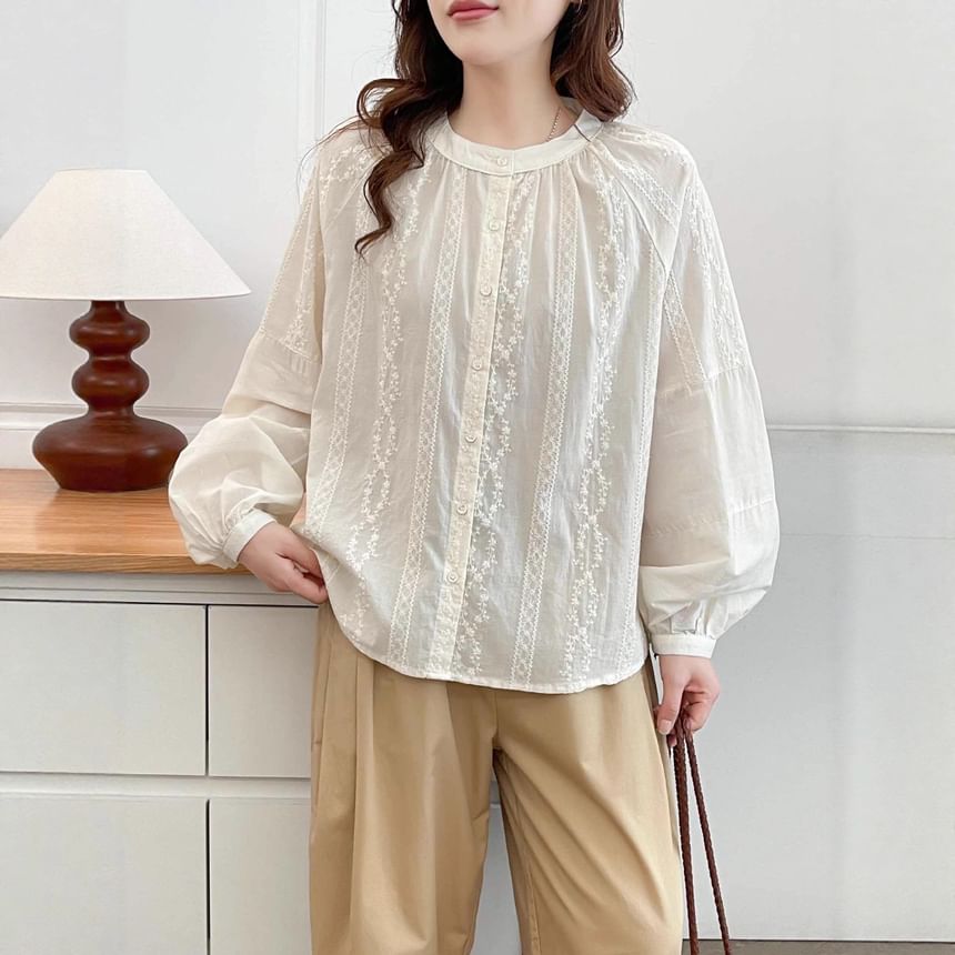 Long-Sleeve Collarless Lace Shirt