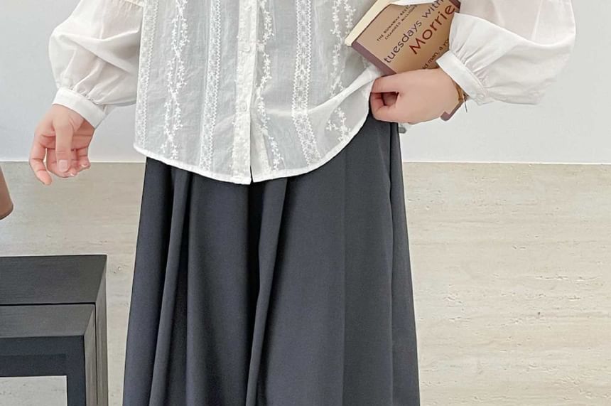 Long-Sleeve Collarless Lace Shirt