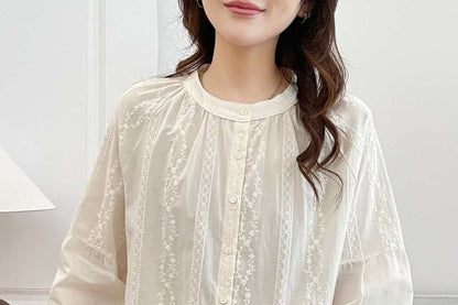 Long-Sleeve Collarless Lace Shirt