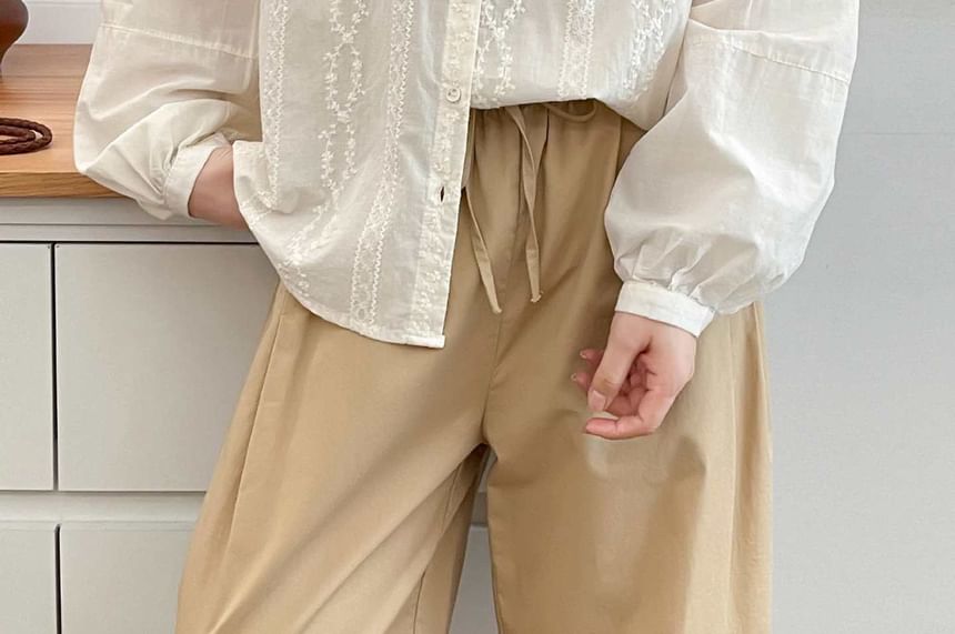 Long-Sleeve Collarless Lace Shirt