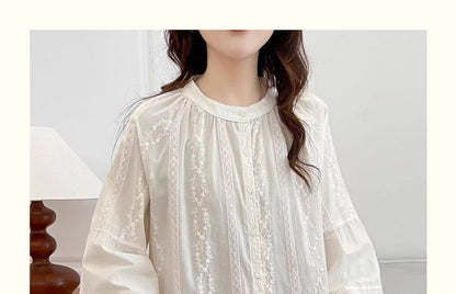 Long-Sleeve Collarless Lace Shirt