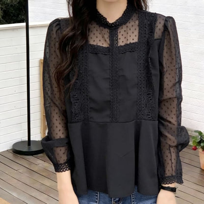 Long-Sleeve Mock Neck Plain Polka Dot Panel Lace Trim Tunic Blouse