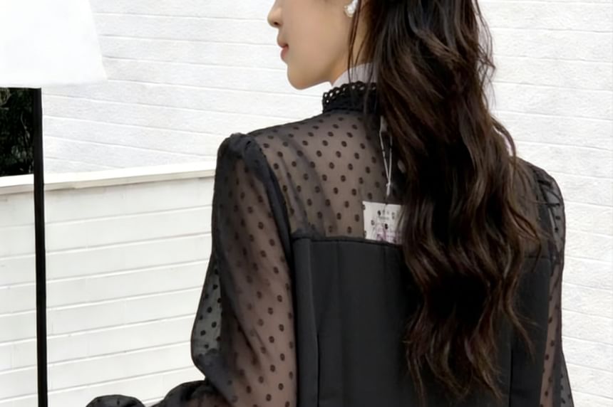 Long-Sleeve Mock Neck Plain Polka Dot Panel Lace Trim Tunic Blouse