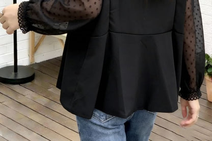 Long-Sleeve Mock Neck Plain Polka Dot Panel Lace Trim Tunic Blouse