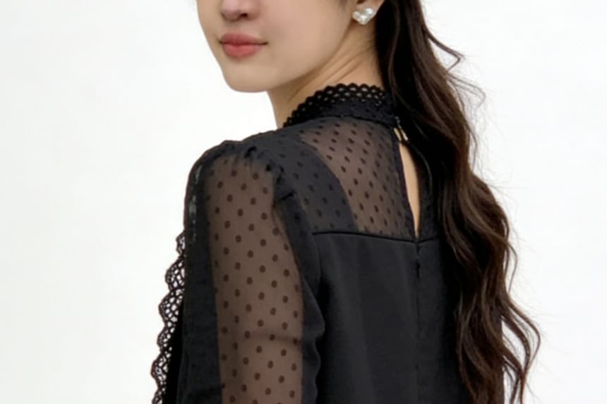 Long-Sleeve Mock Neck Plain Polka Dot Panel Lace Trim Tunic Blouse