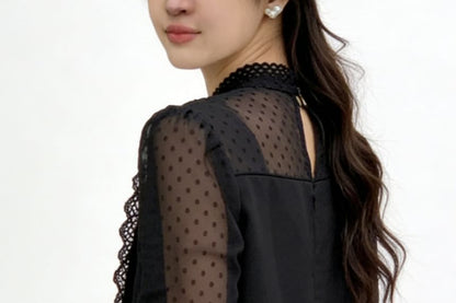 Long-Sleeve Mock Neck Plain Polka Dot Panel Lace Trim Tunic Blouse