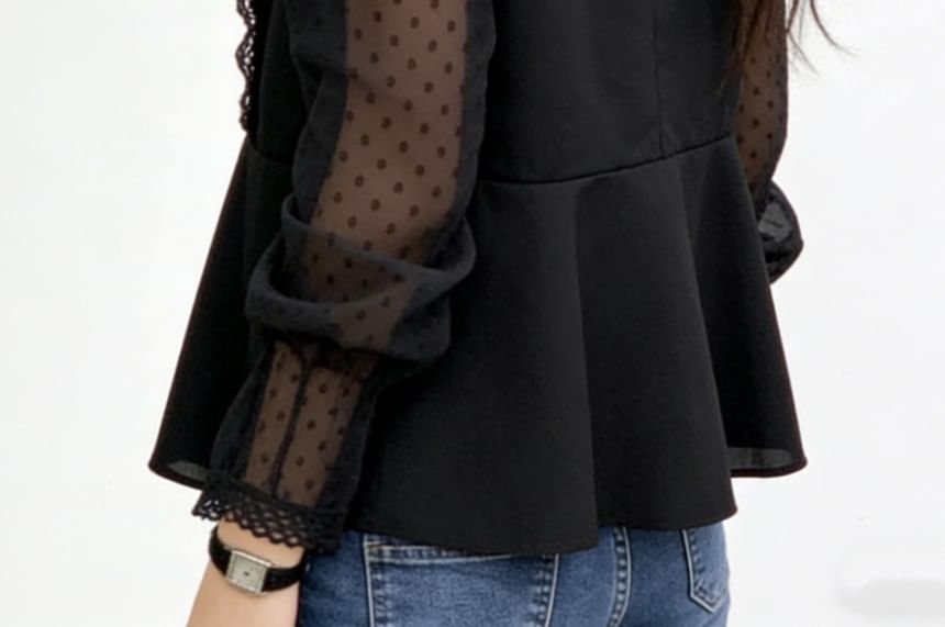 Long-Sleeve Mock Neck Plain Polka Dot Panel Lace Trim Tunic Blouse