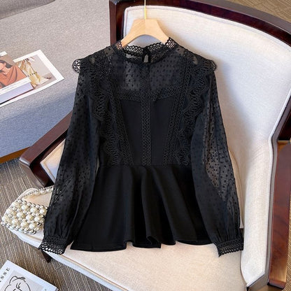 Long-Sleeve Mock Neck Plain Polka Dot Panel Lace Trim Tunic Blouse