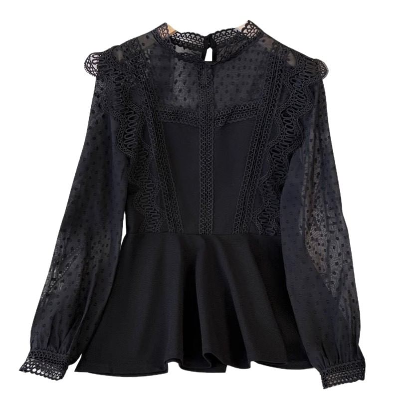 Long-Sleeve Mock Neck Plain Polka Dot Panel Lace Trim Tunic Blouse
