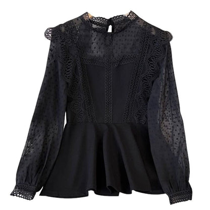 Long-Sleeve Mock Neck Plain Polka Dot Panel Lace Trim Tunic Blouse