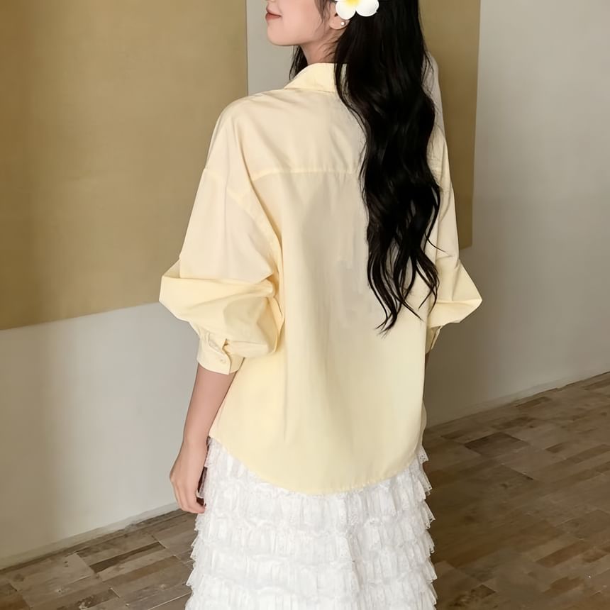 Long-Sleeve V-Neck Plain Lace Trim Front-Slit Wrap Shirt