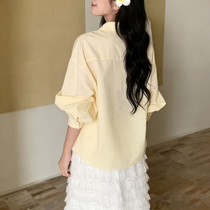 Long-Sleeve V-Neck Plain Lace Trim Front-Slit Wrap Shirt