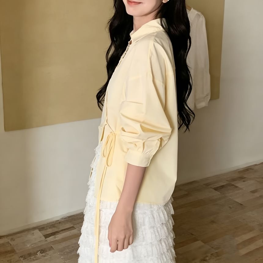 Long-Sleeve V-Neck Plain Lace Trim Front-Slit Wrap Shirt