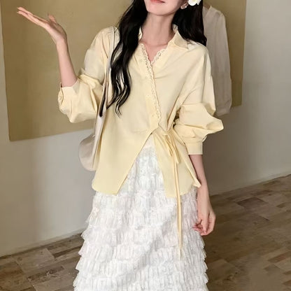 Long-Sleeve V-Neck Plain Lace Trim Front-Slit Wrap Shirt