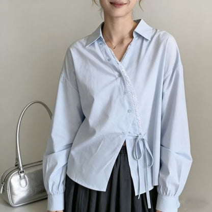 Long-Sleeve V-Neck Plain Lace Trim Front-Slit Wrap Shirt