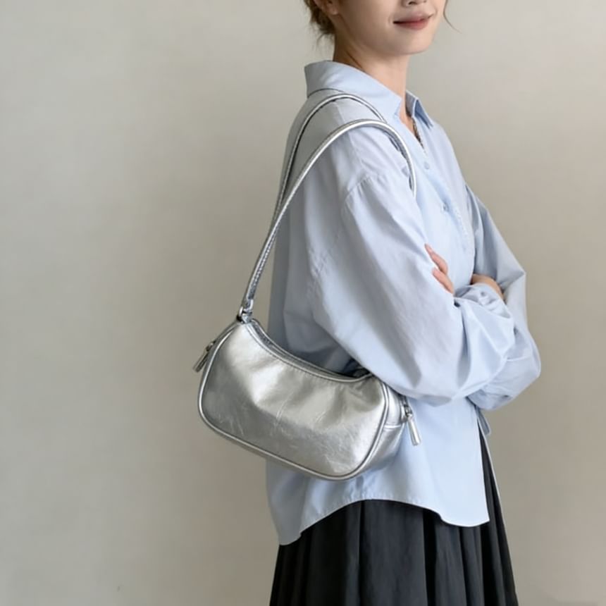 Long-Sleeve V-Neck Plain Lace Trim Front-Slit Wrap Shirt