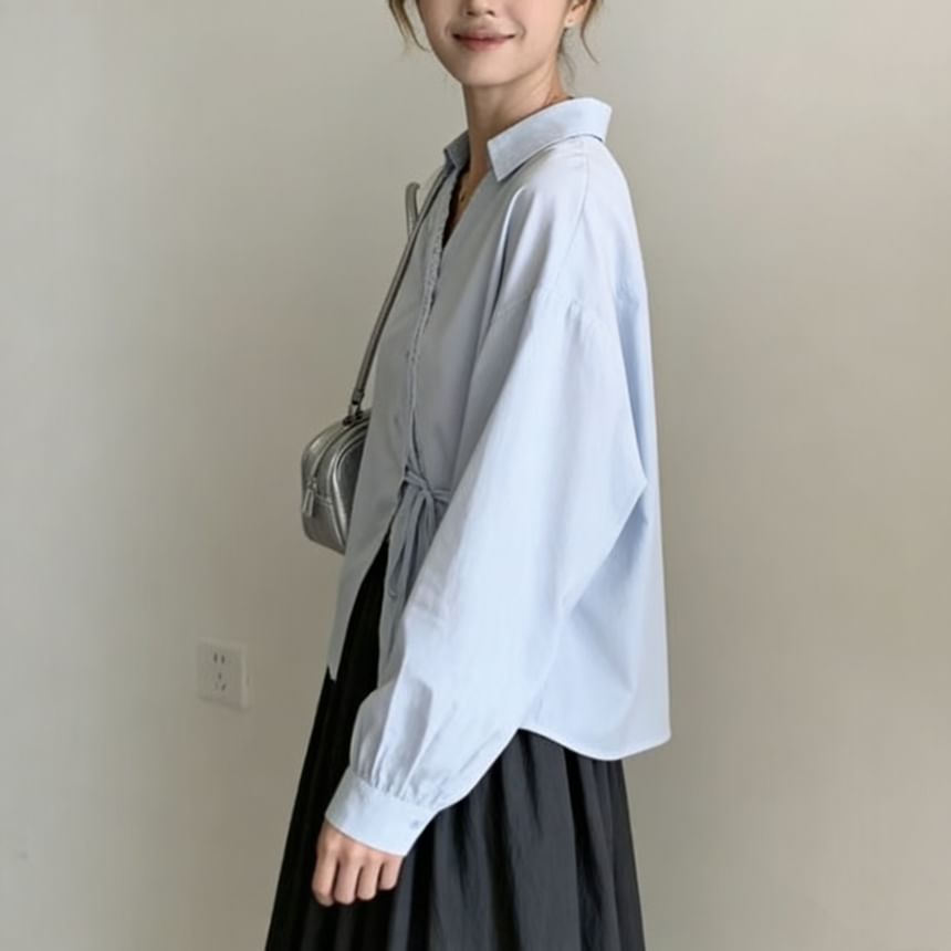 Long-Sleeve V-Neck Plain Lace Trim Front-Slit Wrap Shirt