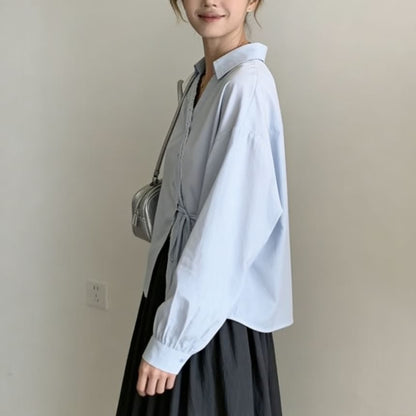 Long-Sleeve V-Neck Plain Lace Trim Front-Slit Wrap Shirt