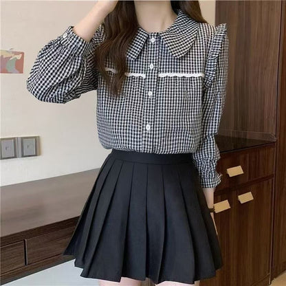 Long-Sleeve Gingham Lace Trim Ruffle Shirt