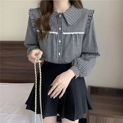Long-Sleeve Gingham Lace Trim Ruffle Shirt