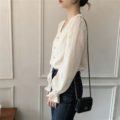 Puff-Sleeve V-Neck Plain Lace Trim Blouse