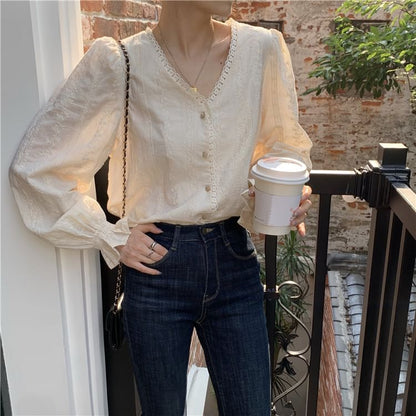 Puff-Sleeve V-Neck Plain Lace Trim Blouse