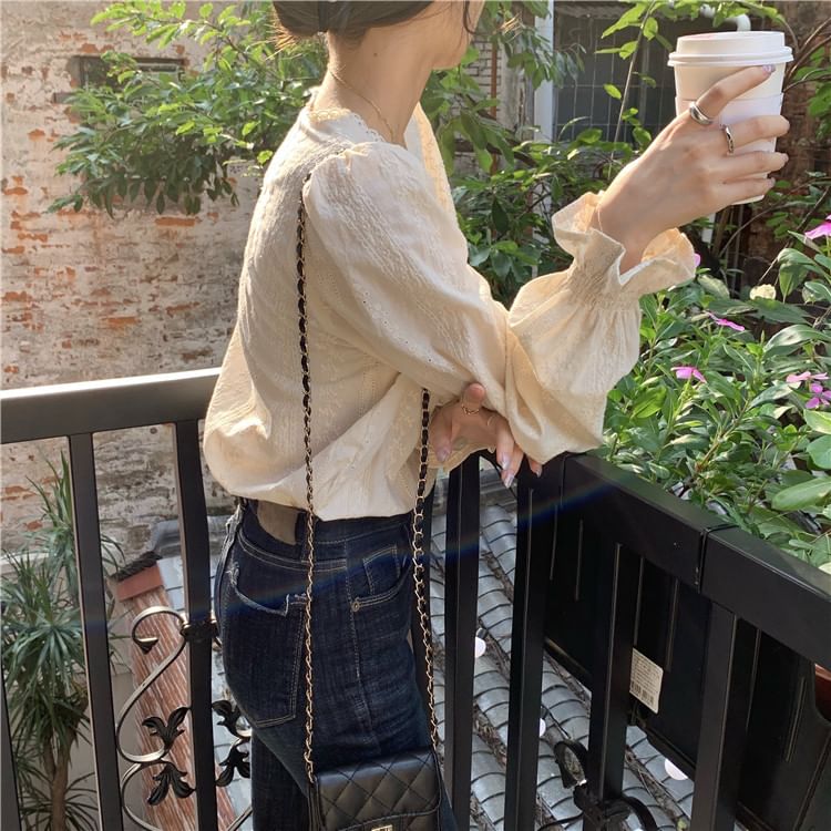 Puff-Sleeve V-Neck Plain Lace Trim Blouse