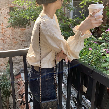 Puff-Sleeve V-Neck Plain Lace Trim Blouse