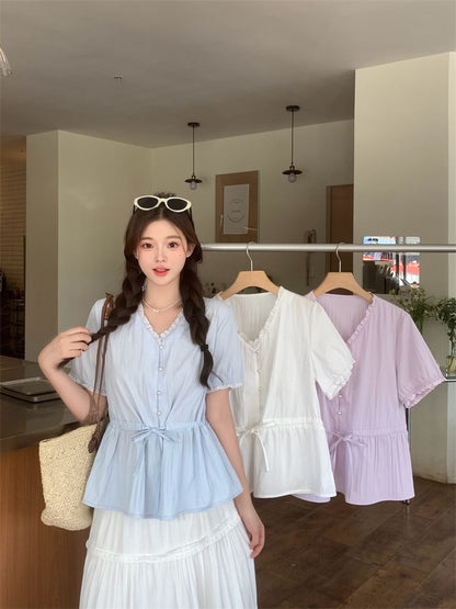 Short-Sleeve V-Neck Plain Lace Trim Peplum Blouse