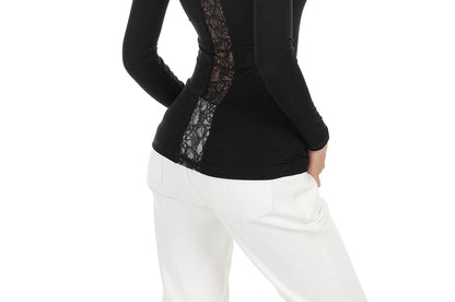 Long-Sleeve Scoop Neck Lace Panel Slim Fit T-Shirt