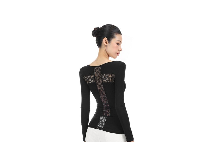 Long-Sleeve Scoop Neck Lace Panel Slim Fit T-Shirt