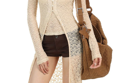 Mock Two-Piece Long-Sleeve V-Neck Button-Up Slit Lace Long Top