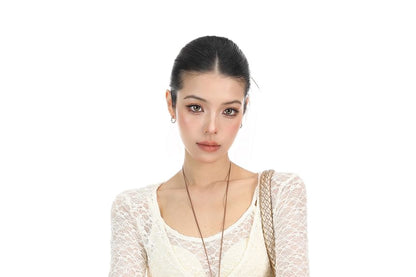 Mock Two-Piece Long-Sleeve V-Neck Button-Up Slit Lace Long Top