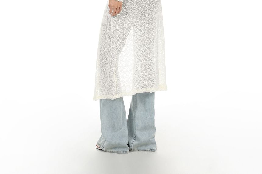 Mock Two-Piece Long-Sleeve V-Neck Button-Up Slit Lace Long Top