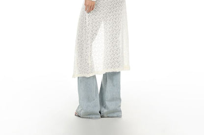 Mock Two-Piece Long-Sleeve V-Neck Button-Up Slit Lace Long Top