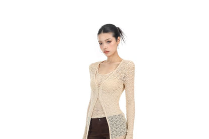 Mock Two-Piece Long-Sleeve V-Neck Button-Up Slit Lace Long Top