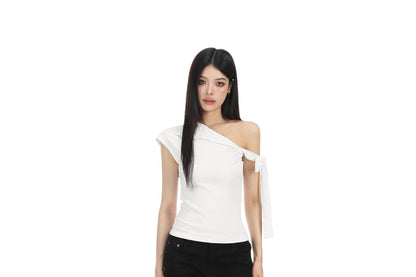 Cap-Sleeve Off-Shoulder Asymmetrical Eyelet Lace Panel T-Shirt